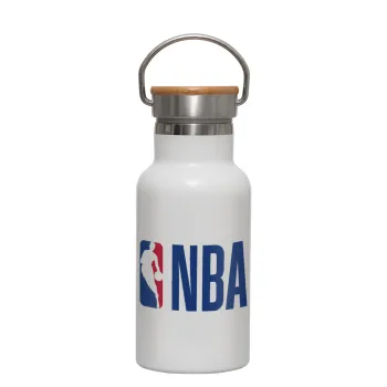 NBA Classic, Μεταλλικό παγούρι θερμός (Stainless steel) Λευκό με ξύλινο καπακι (bamboo), διπλού τοιχώματος, 350ml