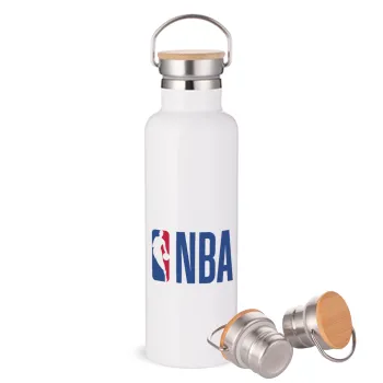 NBA Classic, Μεταλλικό παγούρι θερμός (Stainless steel) Λευκό με ξύλινο καπάκι (bamboo), διπλού τοιχώματος, 750ml
