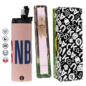 NBA Classic, Πασχαλινή Λαμπάδα με  ΡΟΖ Travel Tumbler θερμό (600ml, BPA free) & κερί αρωματικό πλακέ (30cm) (ΡΟΖ)