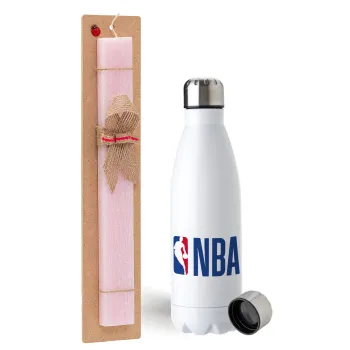 NBA Classic, Easter Set, metallic stainless steel water bottle (750ml) & scented flat Easter candle (30cm) (PINK)