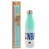 Easter Set, Metallic green/white thermos (Stainless steel), double-walled, 500ml & scented flat Easter candle (30cm) (TURQUOISE)