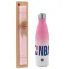 Easter Set, Metallic pink/white (Stainless steel) thermos, double-walled, 500ml & aromatic flat Easter candle (30cm) (PINK)