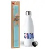 Easter Set, metallic stainless steel water bottle (750ml) & aromatic flat Easter candle (30cm) (TURQUOISE)