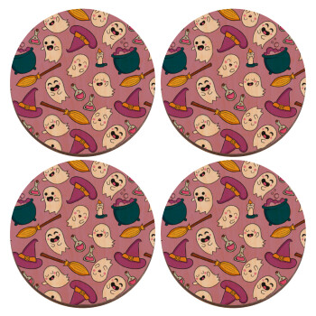 Happy Halloween pink, ΣΕΤ x4 Σουβέρ ξύλινα στρογγυλά plywood (9cm)