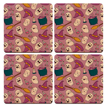 Happy Halloween pink, ΣΕΤ x4 Σουβέρ ξύλινα τετράγωνα plywood (9cm)