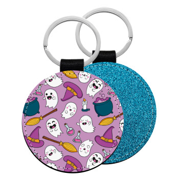 Happy Halloween pink, Μπρελόκ Δερματίνη, στρογγυλό ΜΠΛΕ (5cm)