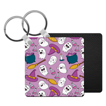 Happy Halloween pink, Μπρελόκ Δερματίνη, τετράγωνο ΜΑΥΡΟ (5x5cm)