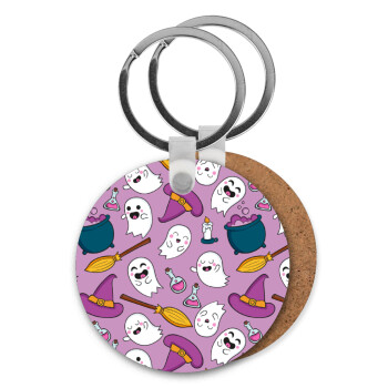 Happy Halloween pink, Μπρελόκ Ξύλινο στρογγυλό MDF Φ5cm