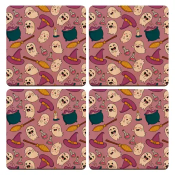 Happy Halloween pink, ΣΕΤ x4 Σουβέρ ξύλινα τετράγωνα plywood (9cm)