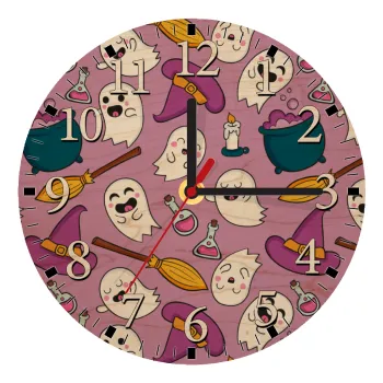 Happy Halloween pink, Ρολόι τοίχου ξύλινο plywood (20cm)