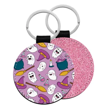 Happy Halloween pink, Μπρελόκ Δερματίνη, στρογγυλό ΡΟΖ (5cm)