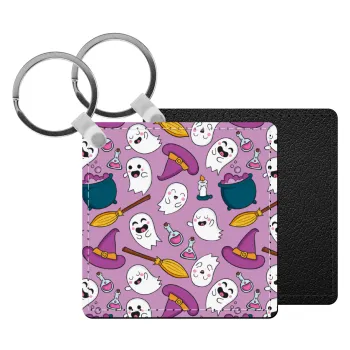 Happy Halloween pink, Μπρελόκ Δερματίνη, τετράγωνο ΜΑΥΡΟ (5x5cm)