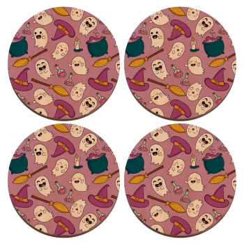Happy Halloween pink, ΣΕΤ x4 Σουβέρ ξύλινα στρογγυλά plywood (9cm)