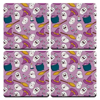 Happy Halloween pink, ΣΕΤ 4 Σουβέρ ξύλινα τετράγωνα (9cm)