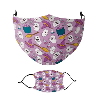 Happy Halloween pink, Μάσκα υφασμάτινη Ενηλίκων πολλαπλών στρώσεων με υποδοχή φίλτρου