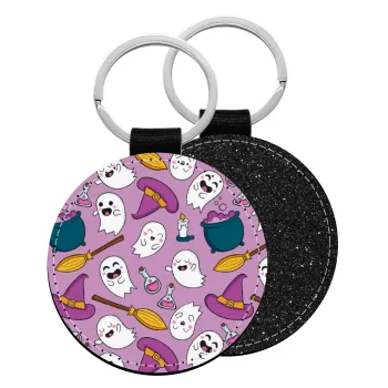 Happy Halloween pink, Μπρελόκ Δερματίνη, στρογγυλό ΜΑΥΡΟ (5cm)