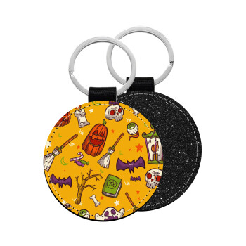 Happy Halloween, Μπρελόκ Δερματίνη, στρογγυλό ΜΑΥΡΟ (5cm)