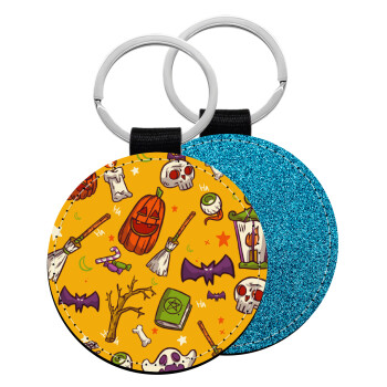 Happy Halloween, Μπρελόκ Δερματίνη, στρογγυλό ΜΠΛΕ (5cm)