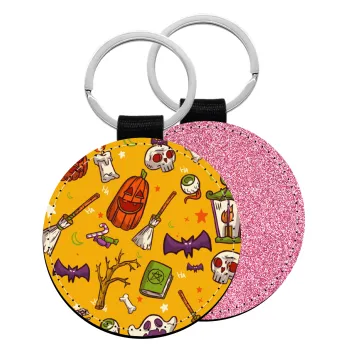 Happy Halloween, Μπρελόκ Δερματίνη, στρογγυλό ΡΟΖ (5cm)