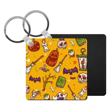 Happy Halloween, Μπρελόκ Δερματίνη, τετράγωνο ΜΑΥΡΟ (5x5cm)