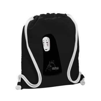Spirited Away No Face, Τσάντα πλάτης πουγκί GYMBAG Μαύρη, με τσέπη (40x48cm) & χονδρά λευκά κορδόνια