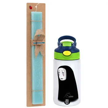 Spirited Away No Face, Easter Set, Children's thermal stainless steel bottle with safety straw, green/blue (350ml) & aromatic flat Easter candle (30cm) (TURQUOISE)