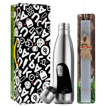 Spirited Away No Face, Easter Set, metallic stainless thermos flask (500ml) & scented flat Easter candle (30cm) (GRAY)