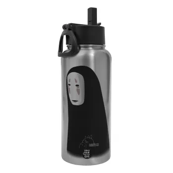 Spirited Away No Face, Μεταλλικό παγούρι θερμός Silver με καλαμάκι και χερούλι (Stainless steel), διπλού τοιχώματος, 950ml
