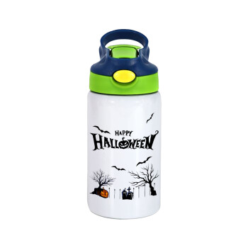 Happy Halloween cemetery, Children's hot water bottle, stainless steel, with safety straw, green, blue (350ml)