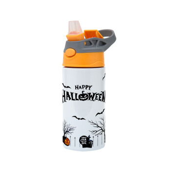 Happy Halloween cemetery, Children's hot water bottle, stainless steel, with safety straw, Orange/Grey (360ml) BPA-FREE