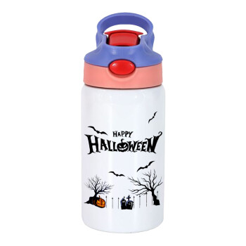 Happy Halloween cemetery, Children's hot water bottle, stainless steel, with safety straw, pink/purple (350ml)