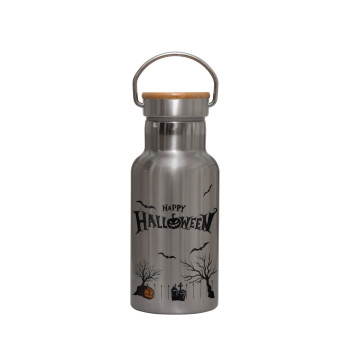 Happy Halloween cemetery, Stainless steel metallic thermos flask, silver with a bamboo lid, double-walled, 350ml.