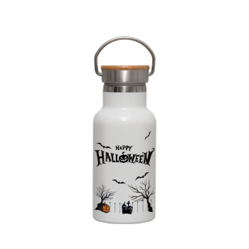 Happy Halloween cemetery, Μεταλλικό παγούρι θερμός (Stainless steel) Λευκό με ξύλινο καπακι (bamboo), διπλού τοιχώματος, 350ml