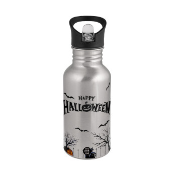 Happy Halloween cemetery, Water bottle Silver with straw, stainless steel 500ml
