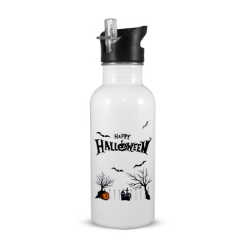 Happy Halloween cemetery, White water bottle with straw, stainless steel 600ml
