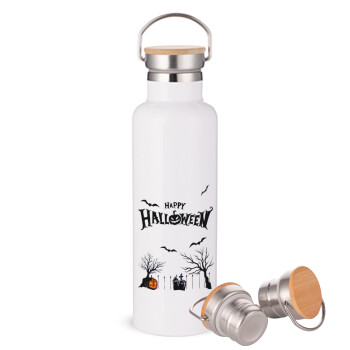 Happy Halloween cemetery, Stainless steel White with wooden lid (bamboo), double wall, 750ml