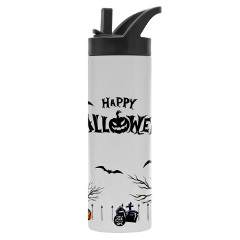 Happy Halloween cemetery, Μεταλλικό παγούρι θερμός με καλαμάκι & χειρολαβή, ανοξείδωτο ατσάλι (Stainless steel 304), διπλού τοιχώματος, 600ml