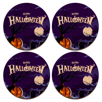 Happy Halloween cemetery, ΣΕΤ x4 Σουβέρ ξύλινα στρογγυλά plywood (9cm)