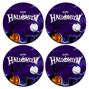 Happy Halloween cemetery, ΣΕΤ 4 Σουβέρ ξύλινα στρογγυλά (9cm)