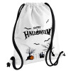 Happy Halloween cemetery, Τσάντα πλάτης πουγκί GYMBAG λευκή, με τσέπη (40x48cm) & χονδρά κορδόνια