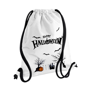 Happy Halloween cemetery, Τσάντα πλάτης πουγκί GYMBAG λευκή, με τσέπη (40x48cm) & χονδρά κορδόνια