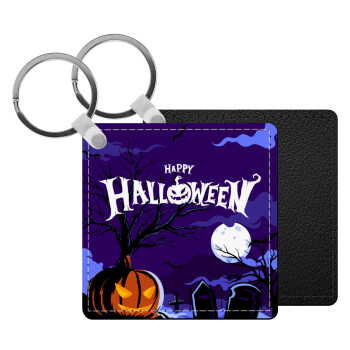 Happy Halloween cemetery, Μπρελόκ Δερματίνη, τετράγωνο ΜΑΥΡΟ (5x5cm)