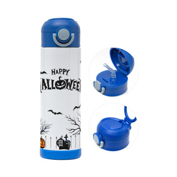 Happy Halloween cemetery, Children's hot water bottle, stainless steel, with safety straw, BLUE (500ml)