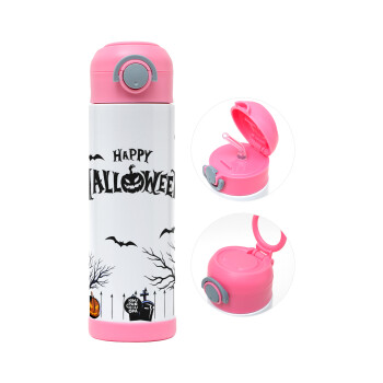 Happy Halloween cemetery, Children's hot water bottle, stainless steel, with safety straw, PINK (500ml)