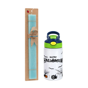 Happy Halloween cemetery, Easter Set, Children's thermal stainless steel bottle with safety straw, green/blue (350ml) & aromatic flat Easter candle (30cm) (TURQUOISE)