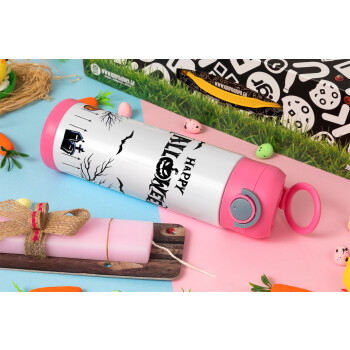 Happy Halloween cemetery, Easter candle, Childrens hot water bottle, stainless steel, with safety straw, PINK (500ml)