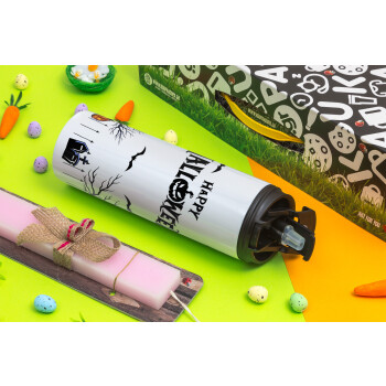 Happy Halloween cemetery, Easter candle,Travel Tumbler 2 Lids, with metal straw & cleaning brush & aromatic flat candle (30cm) (PINK)