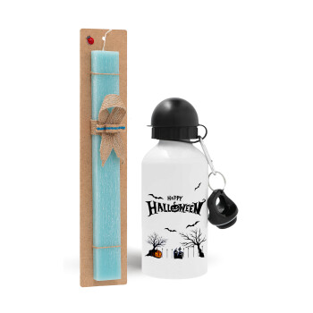 Happy Halloween cemetery, Easter Set, metallic aluminum water bottle (500ml) & scented flat candle (30cm) (TURQUOISE)