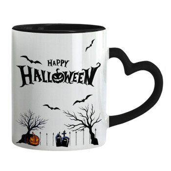 Happy Halloween cemetery, Mug heart black handle, ceramic, 330ml