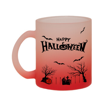 Happy Halloween cemetery, Κούπα γυάλινη δίχρωμη με βάση το κόκκινο ματ, 330ml